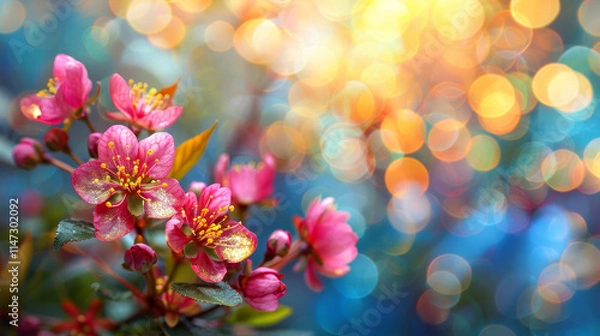 Fototapeta Spring Background, Pink Cherry Blossom In Golden Hour On Festive Sky Blue With Copy Space