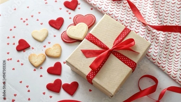 Fototapeta A wrapped gift with a red ribbon and polka dots surrounded by heart-shaped cookies and red confetti