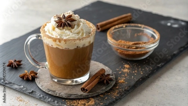 Fototapeta A glass of creamy coffee topped with whipped cream and a star anise, served on a slate board with cinnamon sticks and a small bowl of ground cinnamon