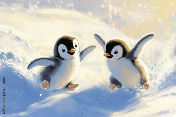 Fototapeta A pair of baby penguins sliding on their bellies across the snow, racing each other