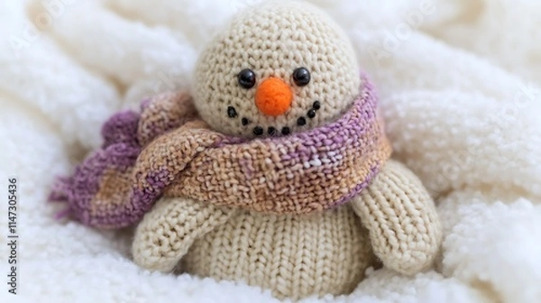 Fototapeta Cozy Crochet Snowman: A charming knitted snowman wearing a colorful scarf, nestled in a soft white blanket, evokes warmth and wintery charm.  
