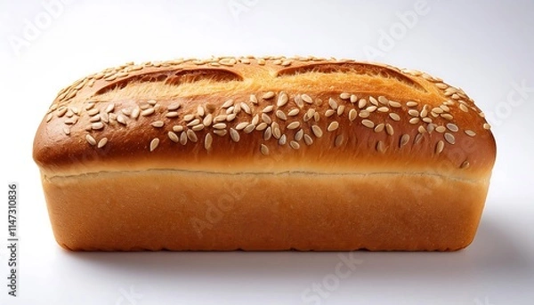 Fototapeta A rectangular loaf of bread, with seeds, is placed on a plain white background.