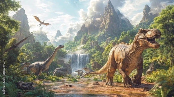 Obraz Fantasy dinosaur landscape with lush greenery. Generative AI