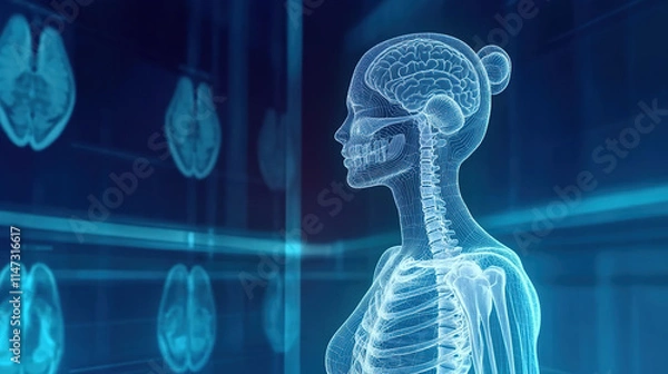 Fototapeta Translucent female human body, bone and nervous system graphics in holographic image