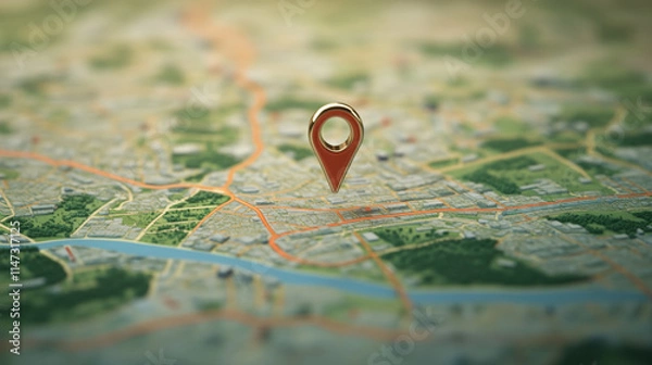 Fototapeta Location marker on a detled city map highlighting a specific area.  