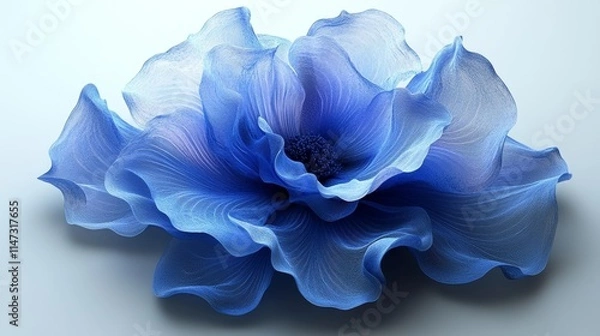 Fototapeta Blue Ruffled Flower Petals on Soft Gray Background. Generative AI