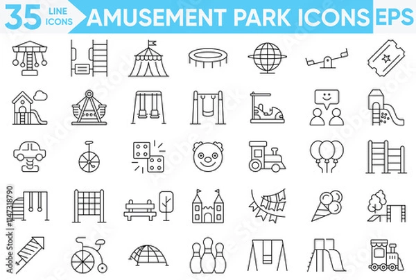 Fototapeta Amusement park line icons set.Included icons as kids outdoor toy, sandbox, children parks, slide, monkey bar, dome climber.vector and illustrator set
