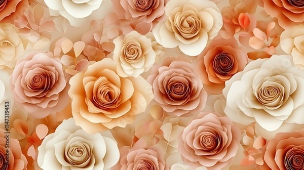 Fototapeta Peach Rose Petals: A captivating close-up of delicate peach and cream roses, creating a romantic and elegant floral backdrop. Perfect for wedding invitations, feminine branding, and romantic designs.