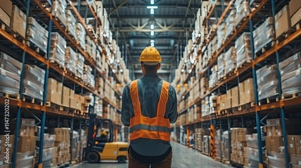 Obraz Warehouse worker in safety gear surveys extensive inventory rows.