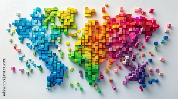 Fototapeta A vibrant, fragmented world map constructed from colorful wooden blocks.