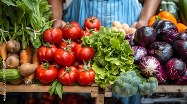 Fototapeta A woman is browsing a display of fresh vegetables at the greengrocer, including leafy greens, plum tomatoes, and other natural whole foods for her staple ingredient
