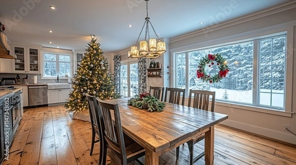 Fototapeta Cozy festive kitchen with an empty wooden table, a beautifully decorated Christmas tree, and twinkling lights in the background, perfect for holidmeals, and cozy winter celebrations.