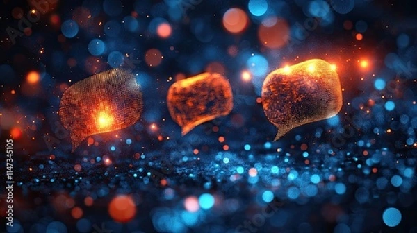Fototapeta Creative GPT chat hologram with speech bubbles on a blurred blue background, representing the concept of artificial intelligence and natural language processing, showcasing advanced