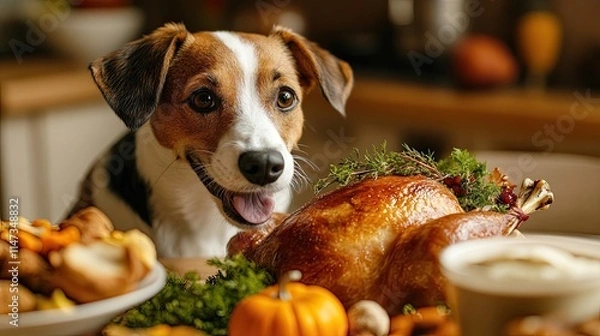 Fototapeta Dog stealing Thanksgiving turkey from the table,  humor and mischief to the holiday theme, illustrating the playful side of pets and their love for holiday food in a lighthearted and relatable scene.