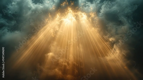 Fototapeta Radiant light rays piercing through smoky atmosphere nature scene digital artwork ethereal viewpoint