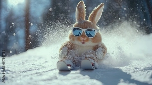 Fototapeta Easter bunny wearing sunglasses, skiing down a snowy slope in a playful and whimsical holiday scenadding a fun twist to the traditional Easter characte