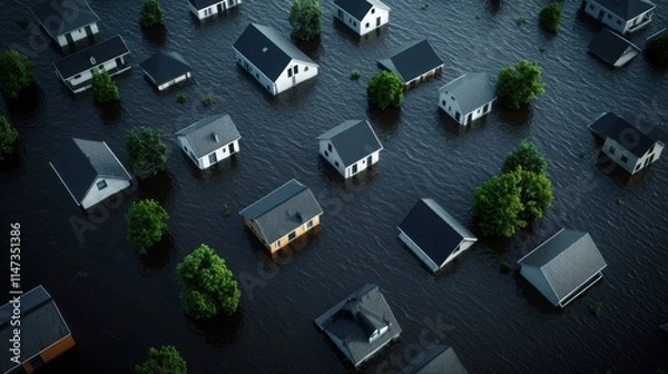 Fototapeta Aerial view of homes submerged in floodwaters, surrounded by trees, depicting the impact of severe flooding on residential areas.