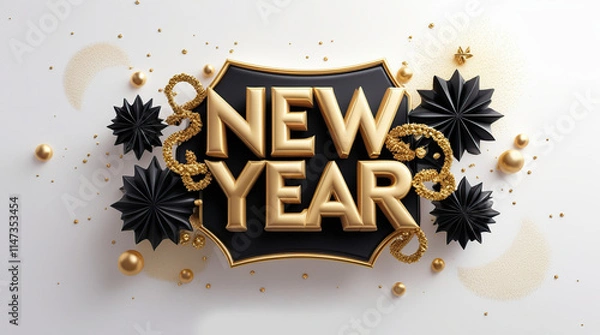 Obraz Bright black and gold new year 3D decoration illustration banner template with intricate vintage ornate details and subtle noise texture arranged on a sharp plain white background