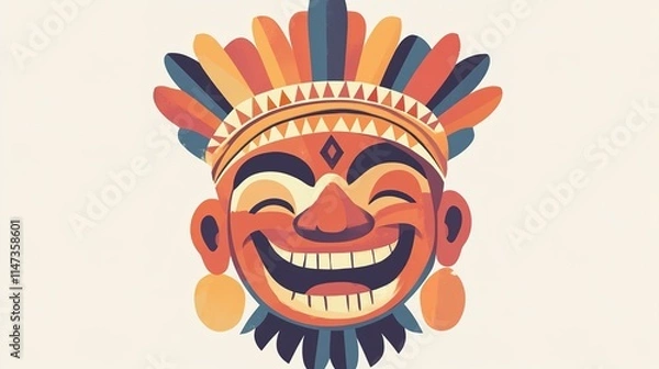 Fototapeta A cheerful small figure wearing a traditional Maya idol mask, smiling warmly, depicted in an illustration with intricate cultural details and vibrant colors.