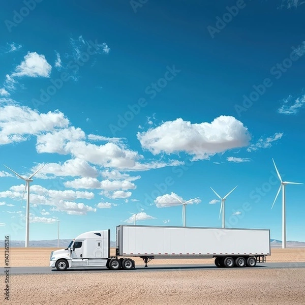 Fototapeta Electric semi-truck in a desert setting with wind turbines in the distance