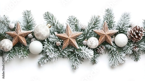 Fototapeta Festive Christmas garland with frosted pine branches, wooden stars, and white ornaments, isolated on a white background, perfect for decorating during the holiday season.