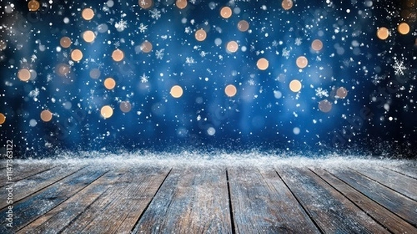 Fototapeta Snowy wooden surface with bokeh lights and snowflakes.