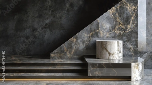 Fototapeta Elegant modern interior featuring marble textures and geometric shapes, creating a sophisticated ambiance.
