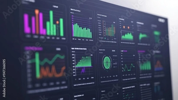 Fototapeta Digital dashboard showcasing energy efficiency data from renewable sources, with clean technology visuals