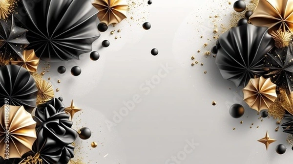 Obraz Bright black and gold new year 3D decoration illustration banner template with intricate vintage ornate details and subtle noise texture arranged on a sharp plain white background
