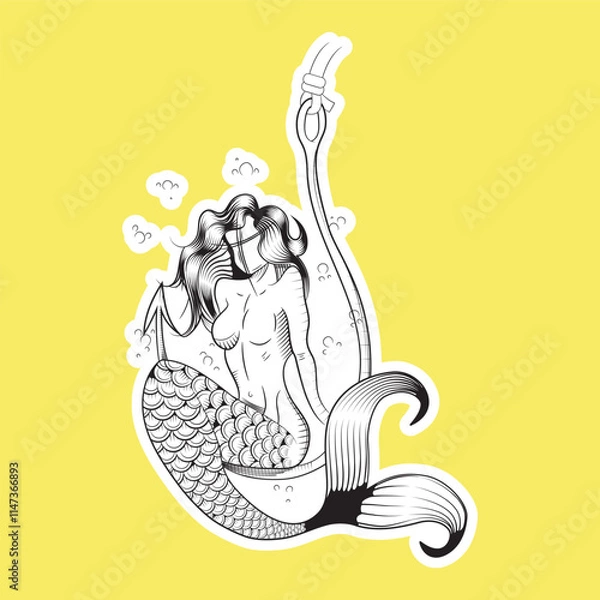 Fototapeta sketch style mermaid illustration sitting on a hook under the sea, just the line with white sticker border