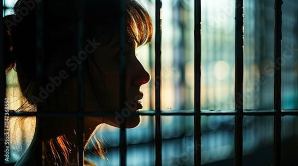 Obraz Silhouetted Woman's Profile Behind Bars at Sunset