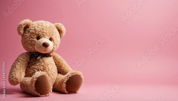 Obraz Big cute teddy bear on the left side isolated on a pink background