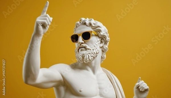 Obraz Ancient Greek god white sculpture wearing sunglasses in solid yellow background