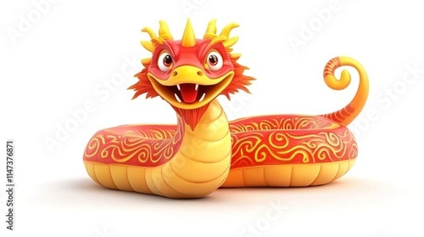 Obraz  Smiling Chinese New Year Snake in 3D Cartoon Style, Isolated on a White Background, Featuring Vibrant Colors and Festive Charm for Lunar New Year Celebrations