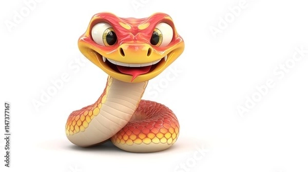 Obraz  Smiling Chinese New Year Snake in 3D Cartoon Style, Isolated on a White Background, Featuring Vibrant Colors and Festive Charm for Lunar New Year Celebrations