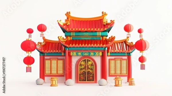 Obraz Smiling Chinese New Year Snake with Traditional Chinese Building and Decorative Lamps, Rendered in 3D Cartoon Style, Isolated on a White Background for Festive Celebrations