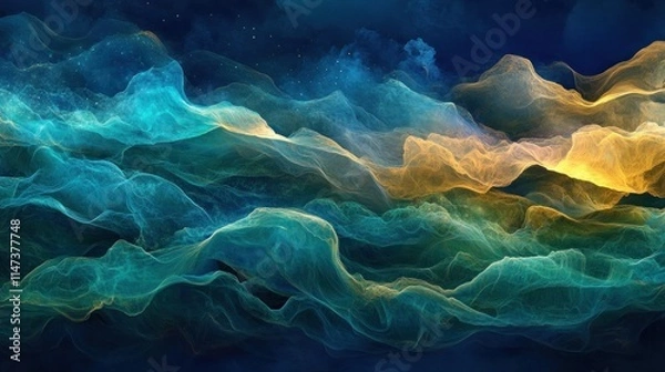 Fototapeta Abstract cosmic landscape with teal, gold, and blue nebula clouds.