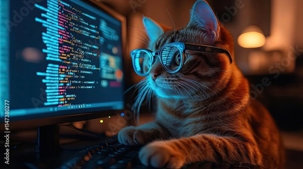 Fototapeta Funny cat wearing glasses coding at a  the blend of humor and technology, illustrating a playful and relatable scenario where pets engage with digital tasks in a whimsical and creative way.