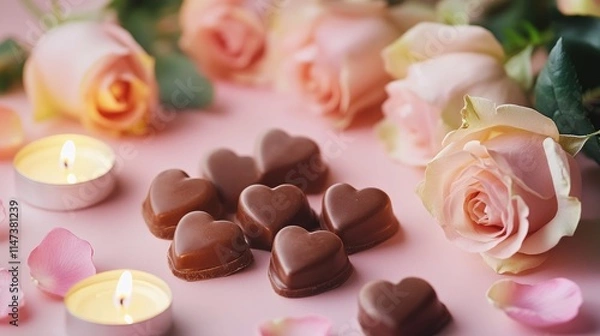 Fototapeta Romantic Scene with Chocolate Hearts and Pink Roses on Table
