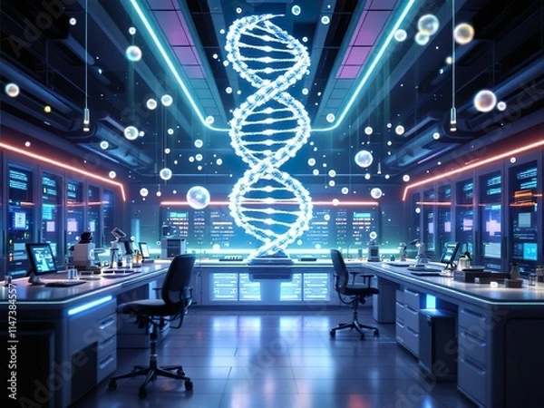 Obraz Futuristic Biotechnology Lab with DNA Helix and Gene-Editing Tools