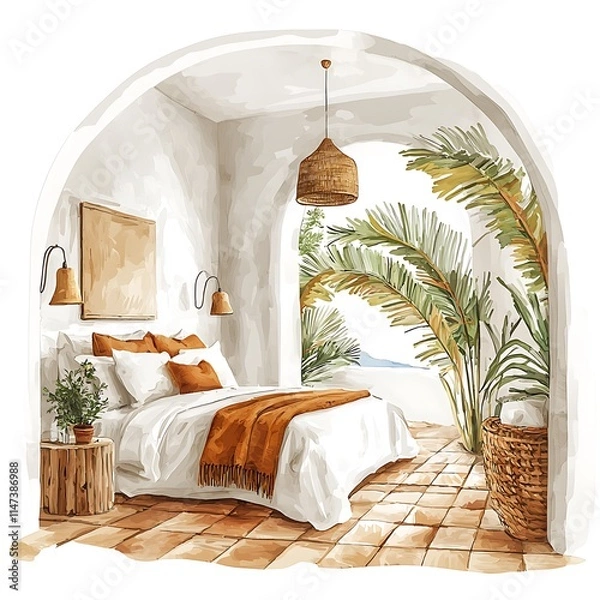 Obraz Watercolor illustration of a serene bedroom with arched doorway, overlooking a tropical scene.