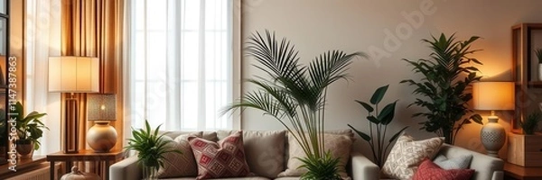 Fototapeta Warm-toned modern living room with decorative lamps and lush plants, stylish, cozy, fashionable