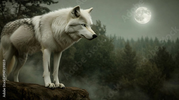 Obraz White Wolf Standing Watch Under a Full Moon