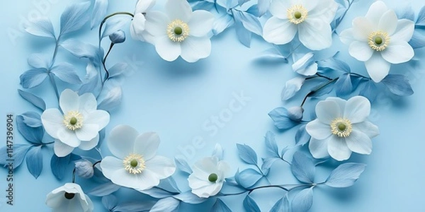 Fototapeta Light Blue Flowers and Leaves Frame Background