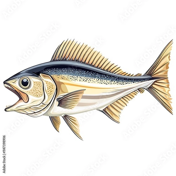 Fototapeta Vibrant Illustration of a Yellowtail Amberjack Fish with Open Mouth.