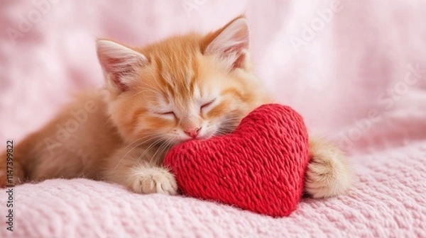 Fototapeta Adorable Ginger Kitten Sleeping with Red Heart on Soft Blanket