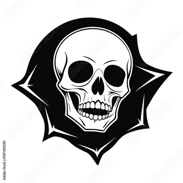 Fototapeta A human skull partially visible through a dark, jagged hole, with eerie, hollow eyes staring out, creating a chilling, mysterious, and ominous visual effect.