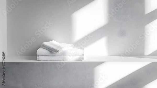 Obraz Towels stacked neatly minimalist bathroom product photography bright lighting simple design clean aesthetic