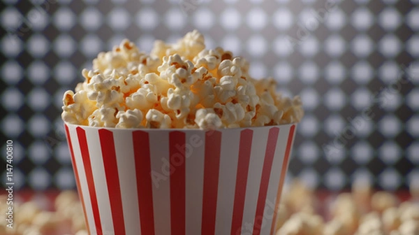 Fototapeta Freshly popped popcorn served in a striped bucket against a colorful backdrop. 