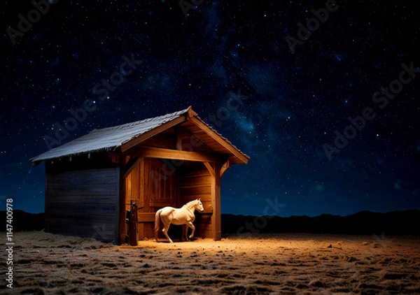 Obraz Sheep in a stable at night with stars and milky way